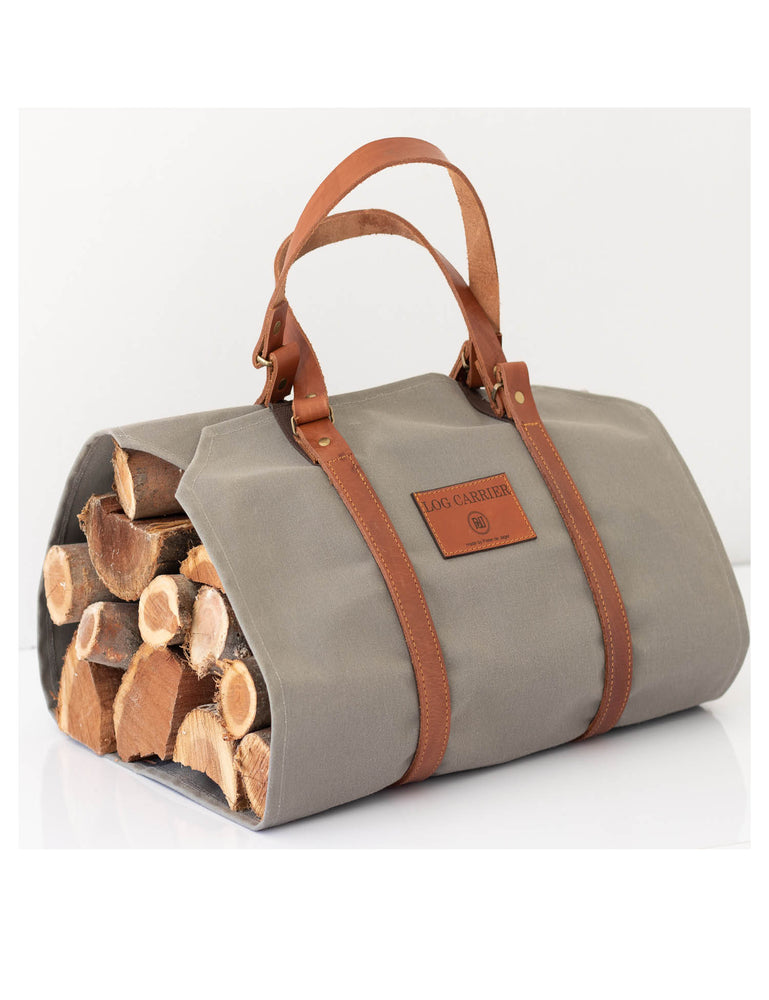Leather and Canvas Log Carrier - Grey